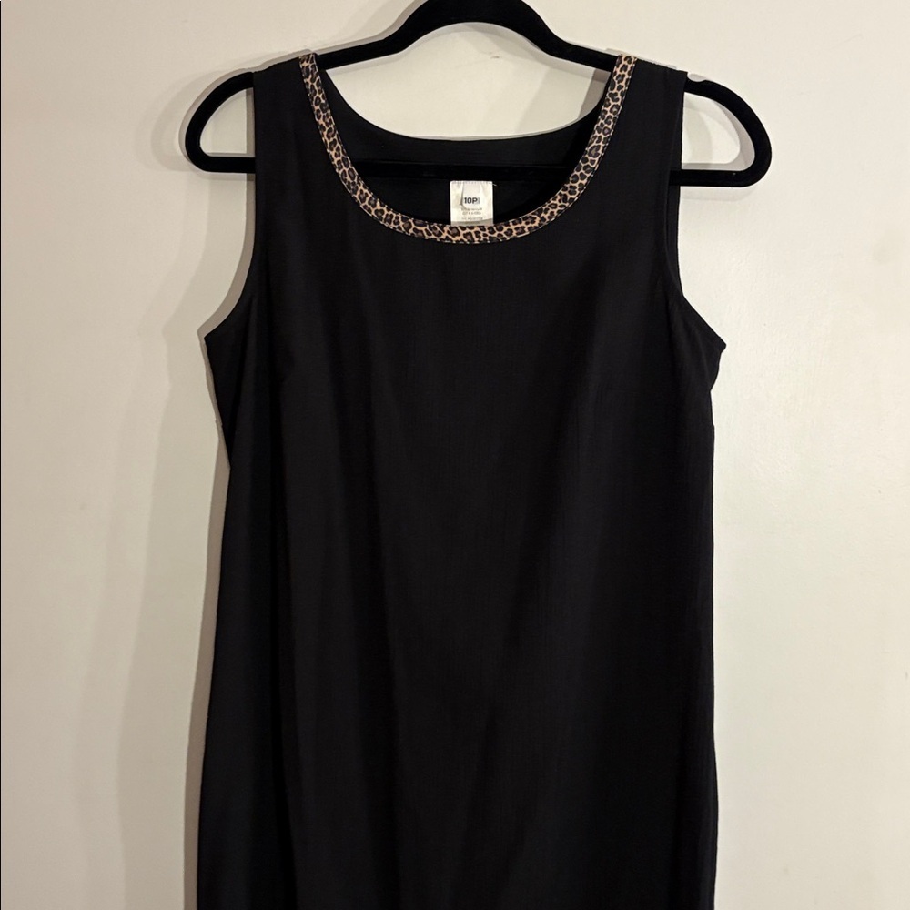 Vintage 1980s Black Sheath Dress With Leopard Trim Office Casual Retro Size 10P - Picture 13 of 17